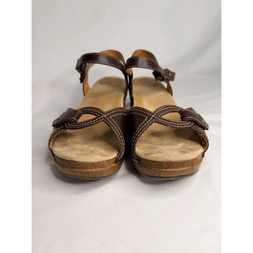 Dansko Womens Sara Brown Leather Wedge Sandals Clogs 37 Comfort Wooden Chunky